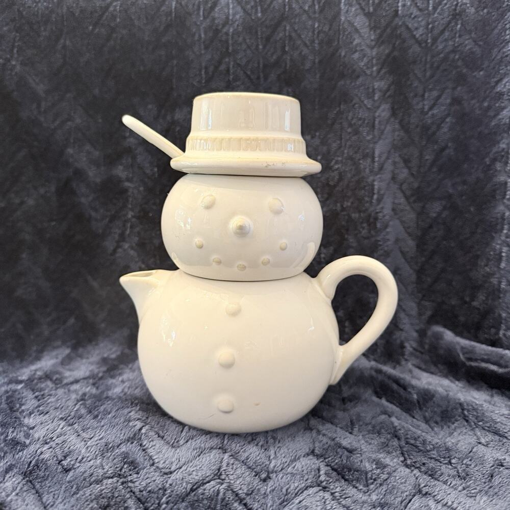 Pottery Barn Snowman Tea Set With Spoon Stackable VINTAGE. Winter
